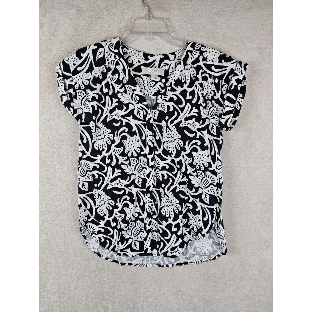 LOFT Women's Button Front Short Sleeve Floral Blouse Top Size XXS